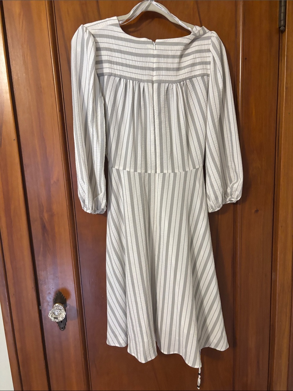 Calvin Klein Striped Wrap Midi Dress in Cream and Gray - Picture 3 of 3